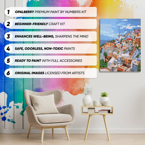 Opalberry Paint by Numbers for Adults - Number Painting Kit with Framed Canvas - DIY Painting by Numbers - 16x20in Acrylic DIY Oil Painting: Nataliia Zhekova's Santorini