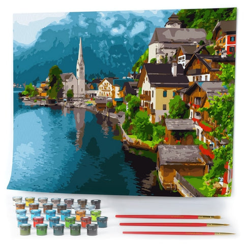 Paint by Numbers 16x20" Wrinkle-Free Rolled Canvas for Adults - Hallstatt Lakeshore Landscape